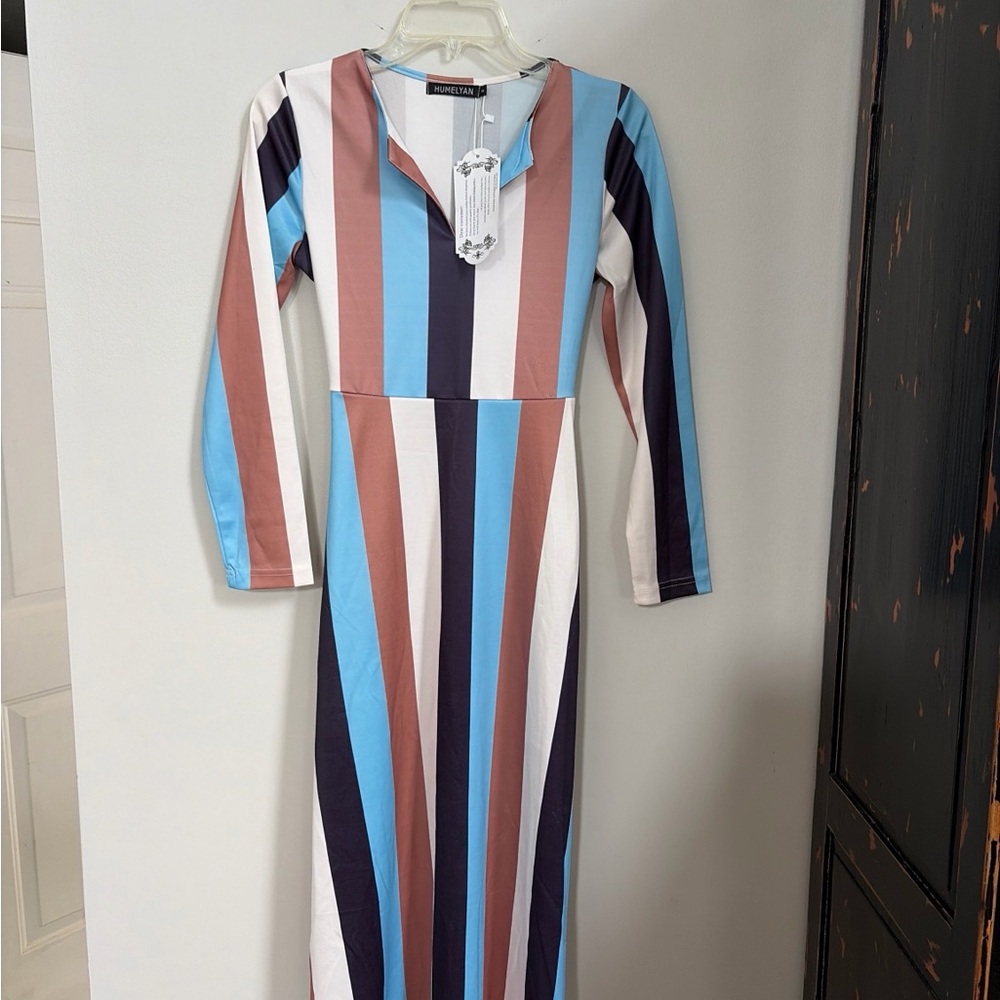 Vertical Stripe Maxi Dress in Blue, Brown & White by Humilityan